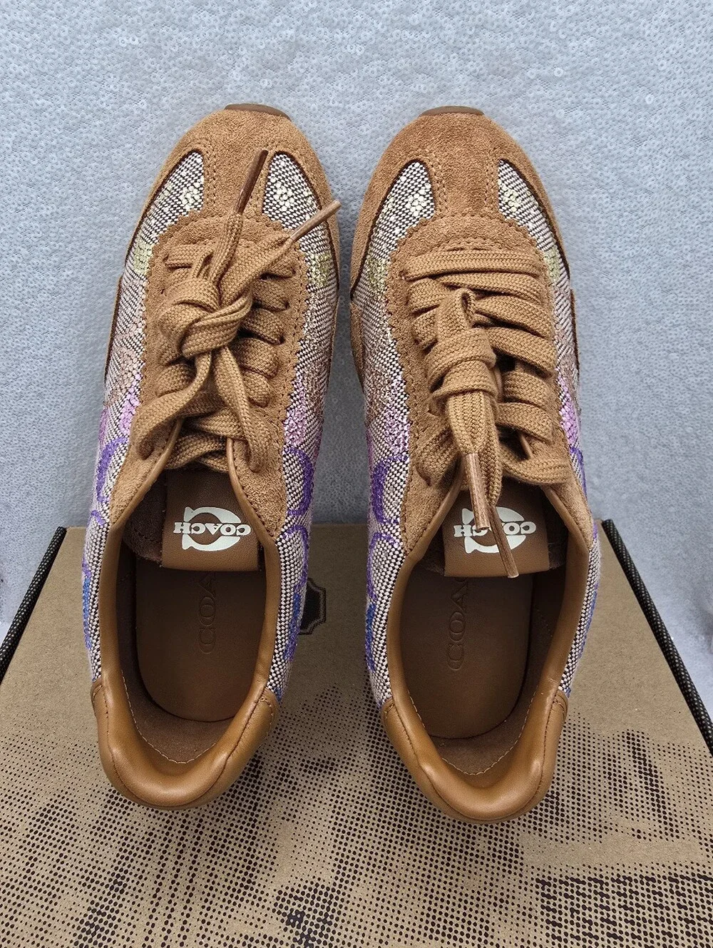 Coach Pastel Crystal Signature Jacquard suede Leather Streamlined Sneaker Sz 5